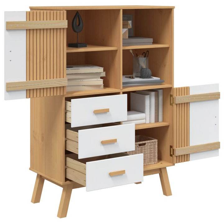 OLDEN Highboard - White & Brown 85x43x125 cm, Solid Pine Wood Storage Cabinet - Premium  from Home Treasures - Just £313.99! Shop now at Home Treasures