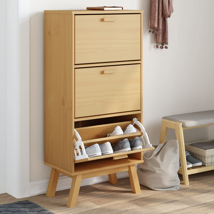 OLDEN Brown Shoe Cabinet - 55x35x120cm Solid Pine Wood Storage Organizer with 3 Flip Drawers - Premium  from Home Treasures - Just £137.99! Shop now at Home Treasures