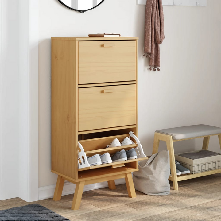 OLDEN Brown Shoe Cabinet - 55x35x120cm Solid Pine Wood Storage Organizer with 3 Flip Drawers - Premium  from Home Treasures - Just £137.99! Shop now at Home Treasures