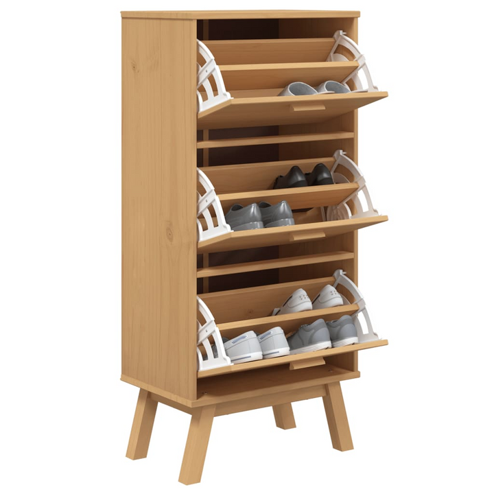 OLDEN Brown Shoe Cabinet - 55x35x120cm Solid Pine Wood Storage Organizer with 3 Flip Drawers - Premium  from Home Treasures - Just £137.99! Shop now at Home Treasures