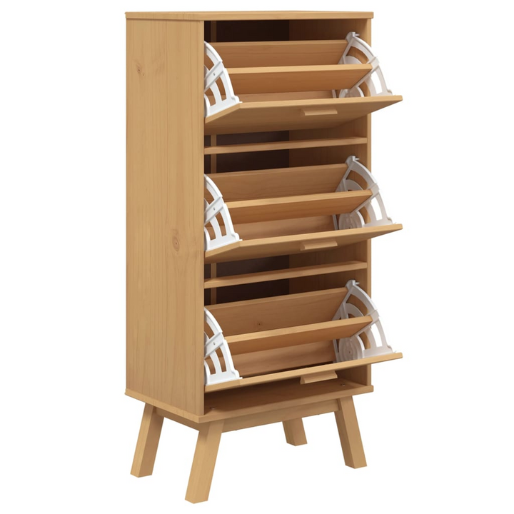 OLDEN Brown Shoe Cabinet - 55x35x120cm Solid Pine Wood Storage Organizer with 3 Flip Drawers - Premium  from Home Treasures - Just £137.99! Shop now at Home Treasures