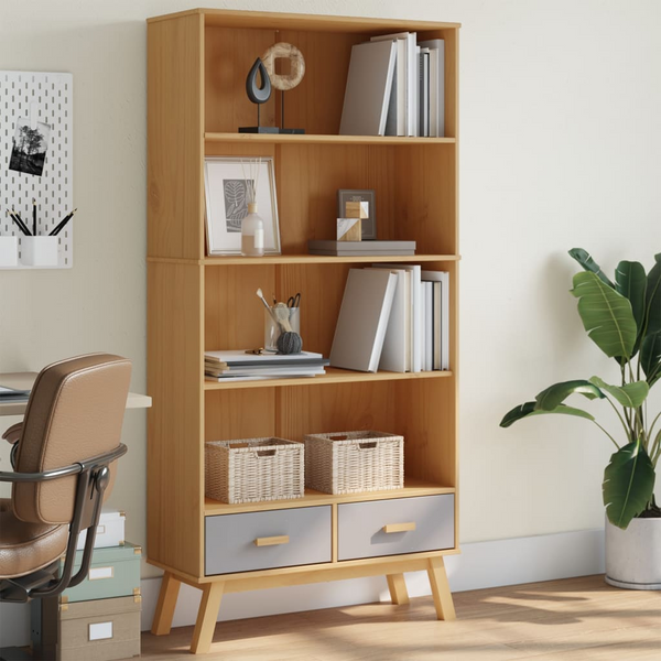 OLDEN 4-Tier Bookcase, Solid Pine Wood - Grey & Brown Scandinavian Design with Ample Storage & Drawers - Premium  from Home Treasures - Just £223.99! Shop now at Home Treasures