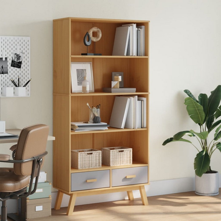 OLDEN 4-Tier Bookcase, Solid Pine Wood - Grey & Brown Scandinavian Design with Ample Storage & Drawers - Premium  from Home Treasures - Just £223.99! Shop now at Home Treasures