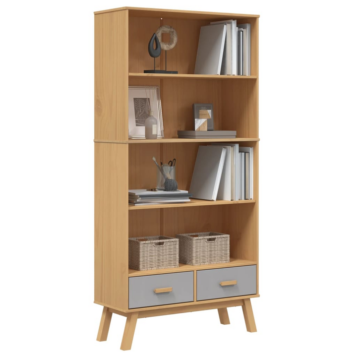 OLDEN 4-Tier Bookcase, Solid Pine Wood - Grey & Brown Scandinavian Design with Ample Storage & Drawers - Premium  from Home Treasures - Just £223.99! Shop now at Home Treasures