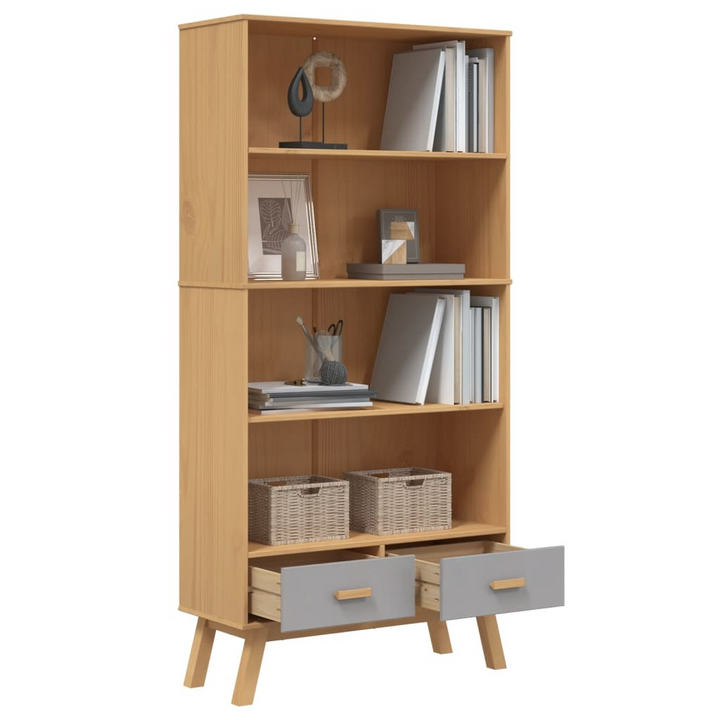 OLDEN 4-Tier Bookcase, Solid Pine Wood - Grey & Brown Scandinavian Design with Ample Storage & Drawers - Premium  from Home Treasures - Just £223.99! Shop now at Home Treasures