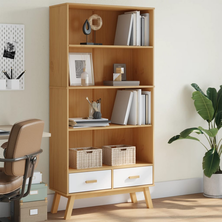 OLDEN 4-Tier Bookcase - White & Brown Pine Wood Shelf with Drawers - Scandinavian Design - Premium  from Home Treasures - Just £224.99! Shop now at Home Treasures