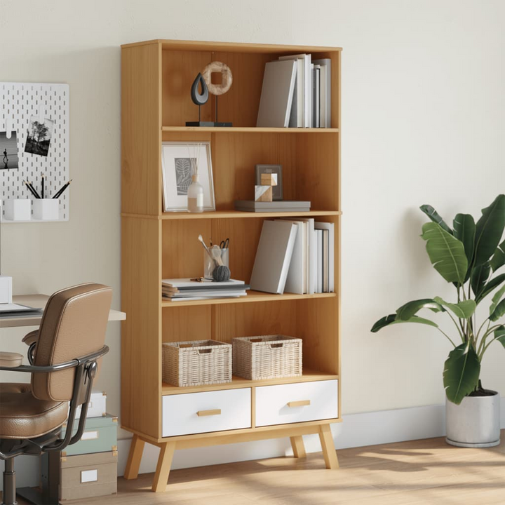 OLDEN 4-Tier Bookcase - White & Brown Pine Wood Shelf with Drawers - Scandinavian Design - Premium  from Home Treasures - Just £224.99! Shop now at Home Treasures