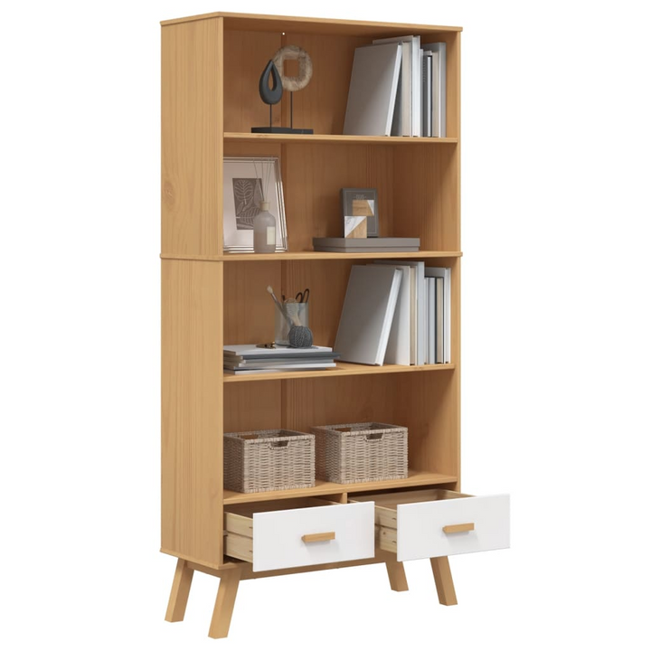 OLDEN 4-Tier Bookcase - White & Brown Pine Wood Shelf with Drawers - Scandinavian Design - Premium  from Home Treasures - Just £224.99! Shop now at Home Treasures