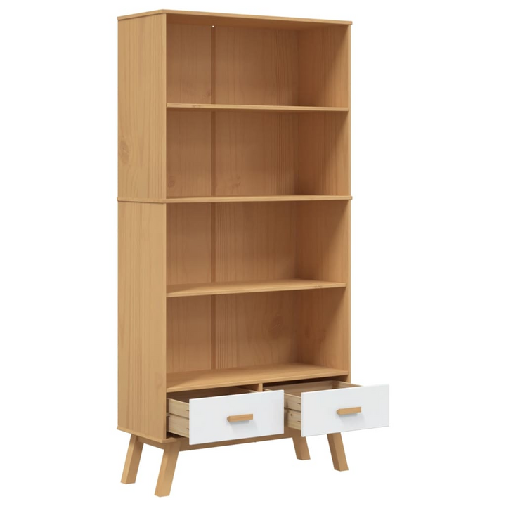 OLDEN 4-Tier Bookcase - White & Brown Pine Wood Shelf with Drawers - Scandinavian Design - Premium  from Home Treasures - Just £224.99! Shop now at Home Treasures