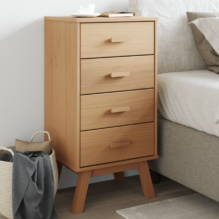 OLDEN Bedside Cabinet in Brown - Solid Pine Wood with Scandinavian Charm, 4 Drawers - Premium  from Home Treasures - Just £90.99! Shop now at Home Treasures