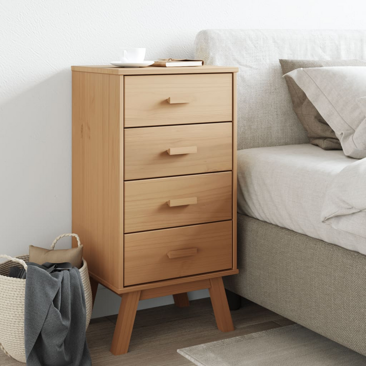 OLDEN Bedside Cabinet in Brown - Solid Pine Wood with Scandinavian Charm, 4 Drawers - Premium  from Home Treasures - Just £90.99! Shop now at Home Treasures