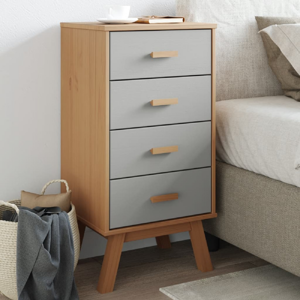 OLDEN Bedside Cabinet – Stylish Grey & Brown Solid Pine Wood Nightstand with Ample Storage, Scandinavian Design - Premium  from Home Treasures - Just £93.99! Shop now at Home Treasures