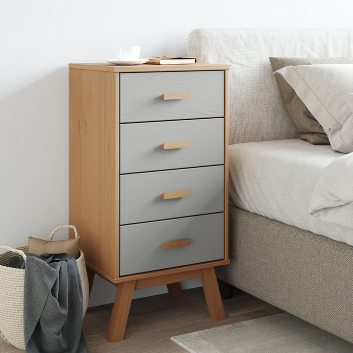 OLDEN Bedside Cabinet – Stylish Grey & Brown Solid Pine Wood Nightstand with Ample Storage, Scandinavian Design - Premium  from Home Treasures - Just £93.99! Shop now at Home Treasures