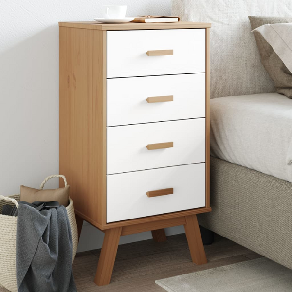 OLDEN Bedside Cabinet in White and Brown Solid Pine Wood - Nightstand with 4 Spacious Drawers - Premium  from Home Treasures - Just £117.99! Shop now at Home Treasures