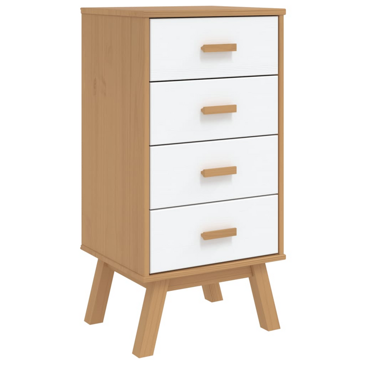 OLDEN Bedside Cabinet in White and Brown Solid Pine Wood - Nightstand with 4 Spacious Drawers - Premium  from Home Treasures - Just £114.99! Shop now at Home Treasures