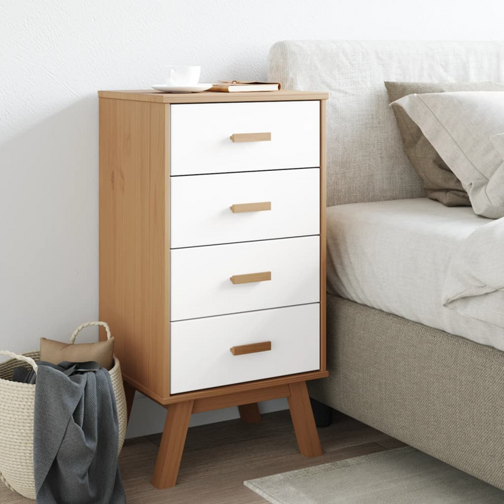 OLDEN Bedside Cabinet in White and Brown Solid Pine Wood - Nightstand with 4 Spacious Drawers - Premium  from Home Treasures - Just £114.99! Shop now at Home Treasures