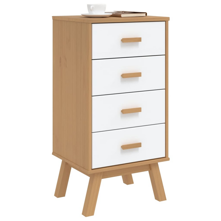 OLDEN Bedside Cabinet in White and Brown Solid Pine Wood - Nightstand with 4 Spacious Drawers - Premium  from Home Treasures - Just £114.99! Shop now at Home Treasures