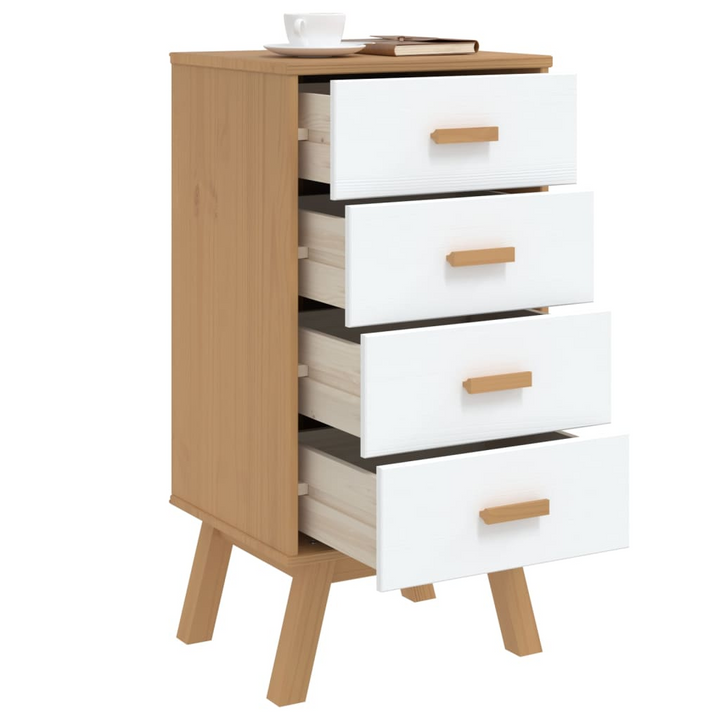 OLDEN Bedside Cabinet in White and Brown Solid Pine Wood - Nightstand with 4 Spacious Drawers - Premium  from Home Treasures - Just £114.99! Shop now at Home Treasures