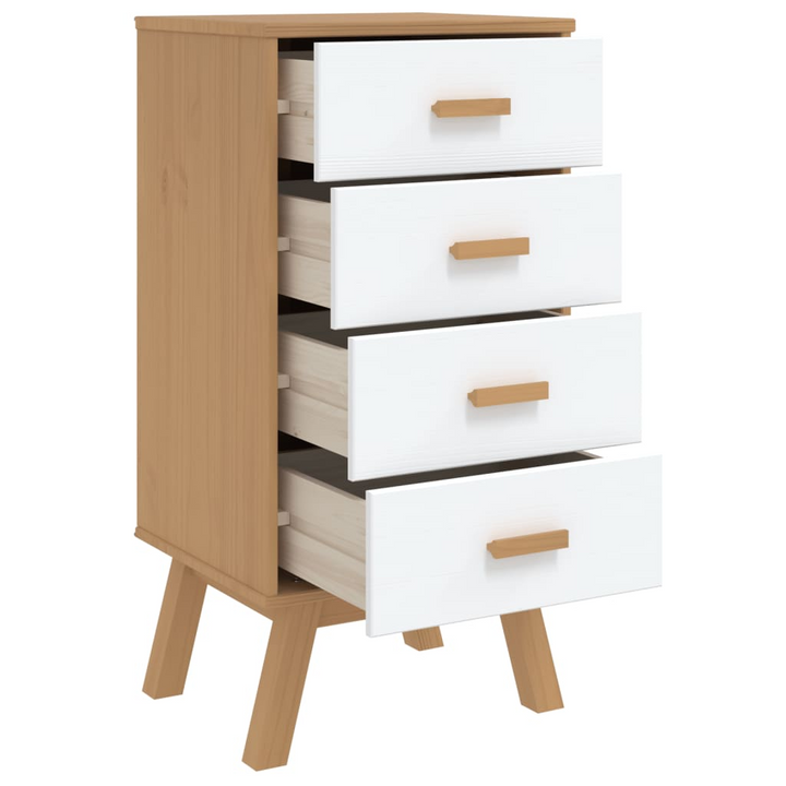 OLDEN Bedside Cabinet in White and Brown Solid Pine Wood - Nightstand with 4 Spacious Drawers - Premium  from Home Treasures - Just £114.99! Shop now at Home Treasures