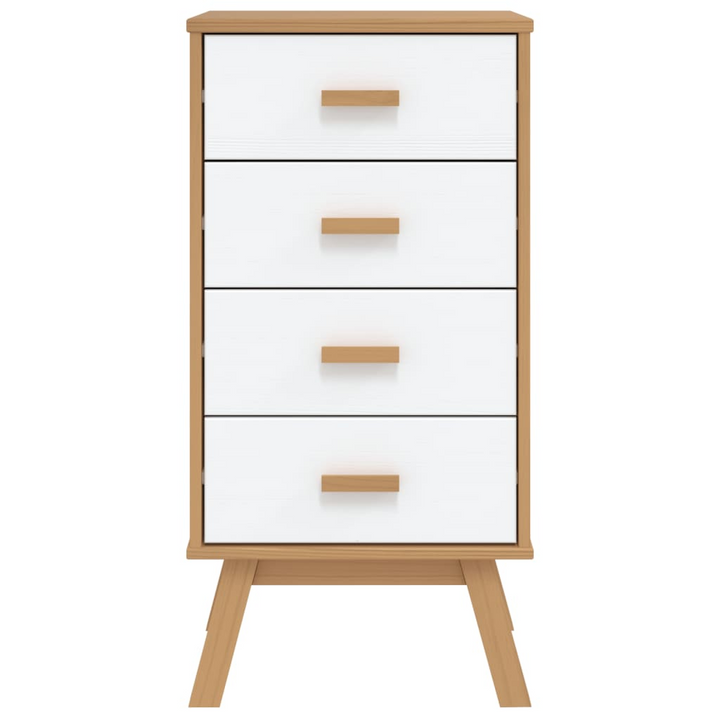 OLDEN Bedside Cabinet in White and Brown Solid Pine Wood - Nightstand with 4 Spacious Drawers - Premium  from Home Treasures - Just £114.99! Shop now at Home Treasures