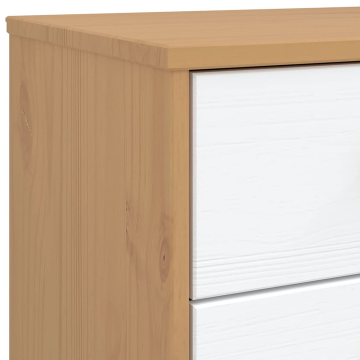 OLDEN Bedside Cabinet in White and Brown Solid Pine Wood - Nightstand with 4 Spacious Drawers - Premium  from Home Treasures - Just £114.99! Shop now at Home Treasures