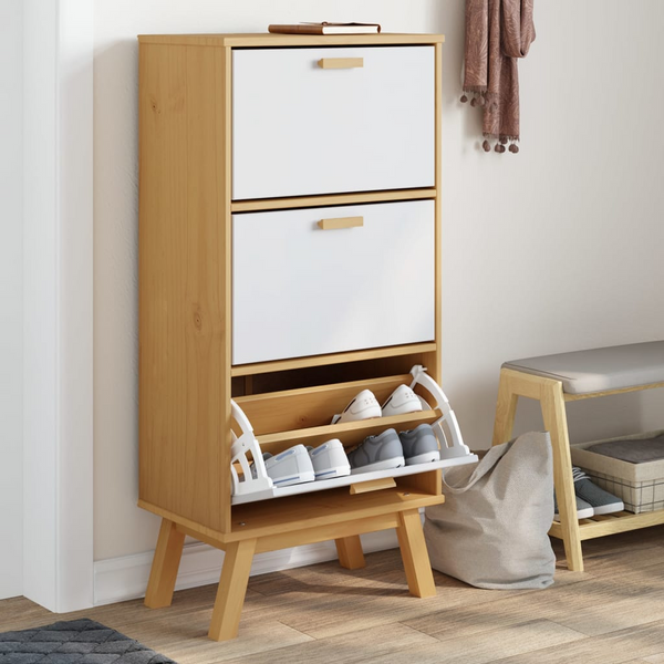 OLDEN Shoe Cabinet - White & Brown Solid Pine Wood, 55x35x120cm - Modern & Durable Storage Solution - Premium  from Home Treasures - Just £174.99! Shop now at Home Treasures