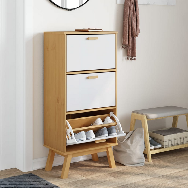 OLDEN Shoe Cabinet - White & Brown Solid Pine Wood, 55x35x120cm - Modern & Durable Storage Solution - Premium  from Home Treasures - Just £170.99! Shop now at Home Treasures