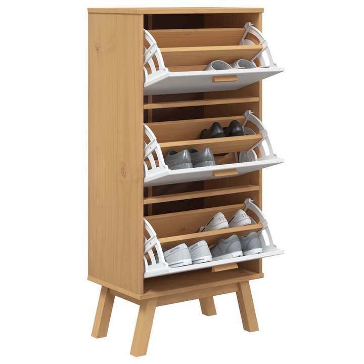 OLDEN Shoe Cabinet - White & Brown Solid Pine Wood, 55x35x120cm - Modern & Durable Storage Solution - Premium  from Home Treasures - Just £170.99! Shop now at Home Treasures