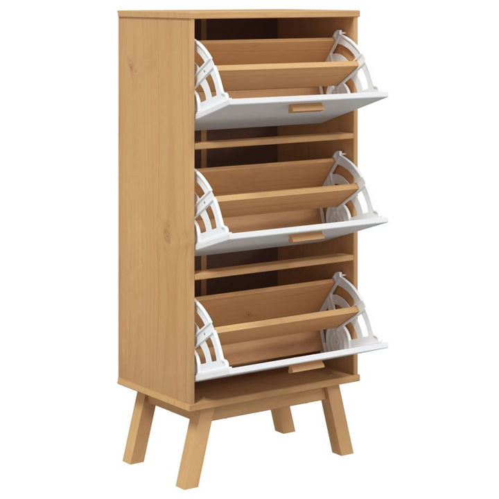 OLDEN Shoe Cabinet - White & Brown Solid Pine Wood, 55x35x120cm - Modern & Durable Storage Solution - Premium  from Home Treasures - Just £170.99! Shop now at Home Treasures