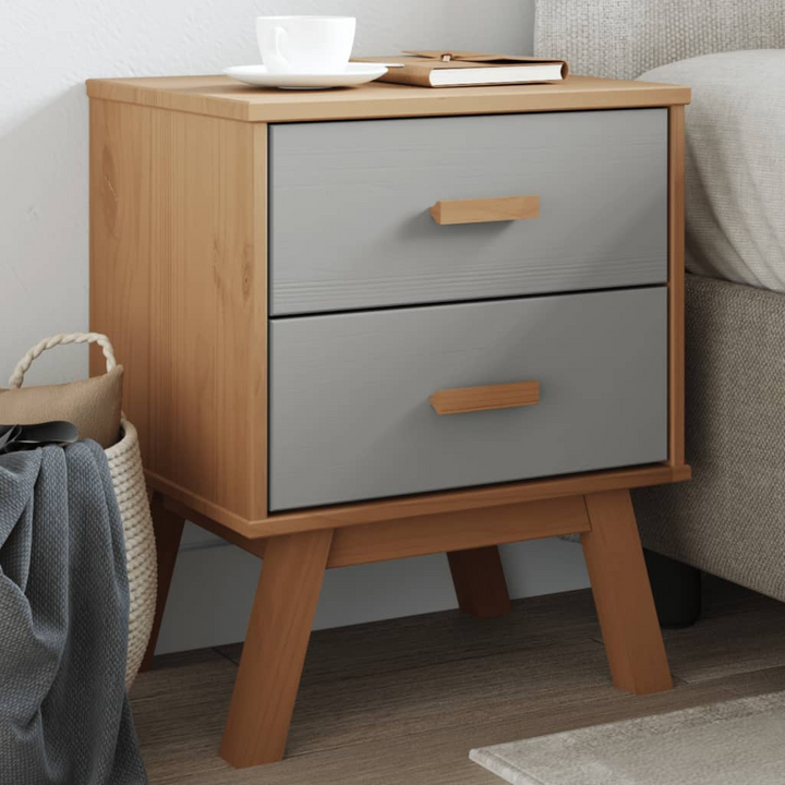 OLDEN Bedside Cabinet in Grey and Brown - Solid Pine Wood Nightstand with 2 Drawers - Premium  from Home Treasures - Just £84.99! Shop now at Home Treasures