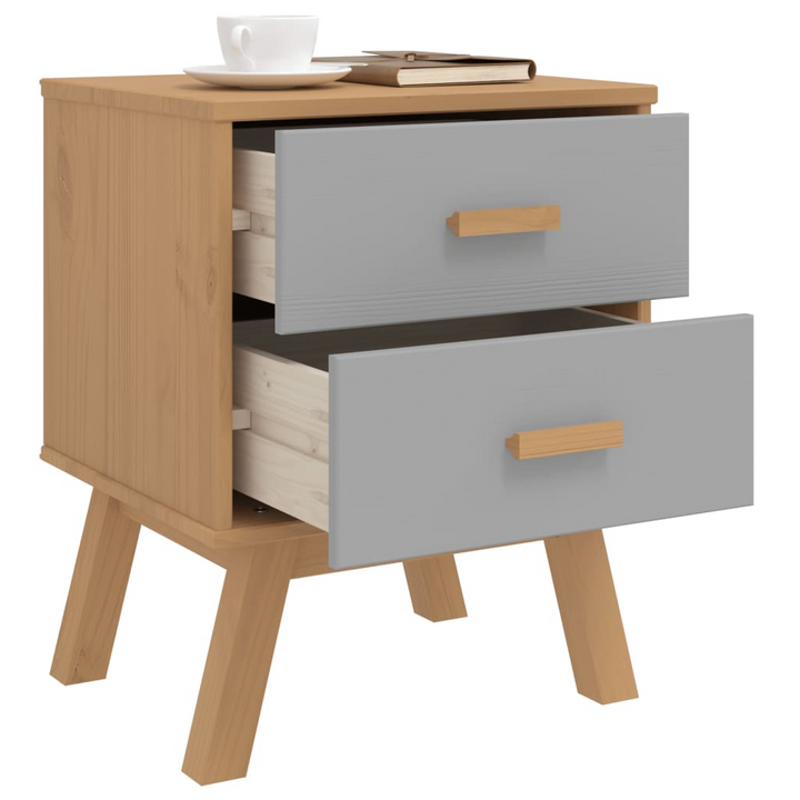 OLDEN Bedside Cabinet in Grey and Brown - Solid Pine Wood Nightstand with 2 Drawers - Premium  from Home Treasures - Just £84.99! Shop now at Home Treasures