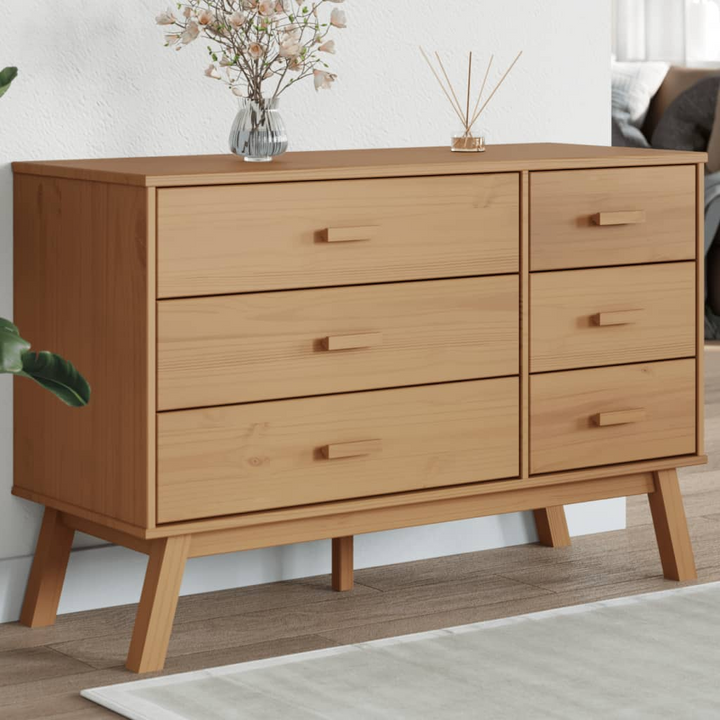 OLDEN Drawer Cabinet in Brown Solid Wood Pine - Scandinavian Charm, Ample Storage & Display Function - Premium  from Home Treasures - Just £182.99! Shop now at Home Treasures