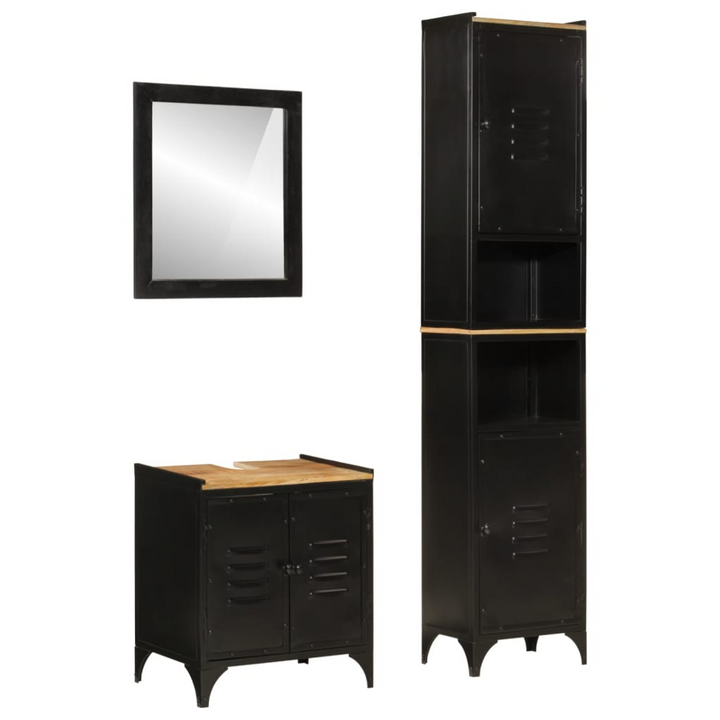 3 Piece Bathroom Furniture Set - Rustic Iron and Solid Mango Wood, Ample Storage and Stylish Design - Premium  from Home Treasures - Just £417.99! Shop now at Home Treasures