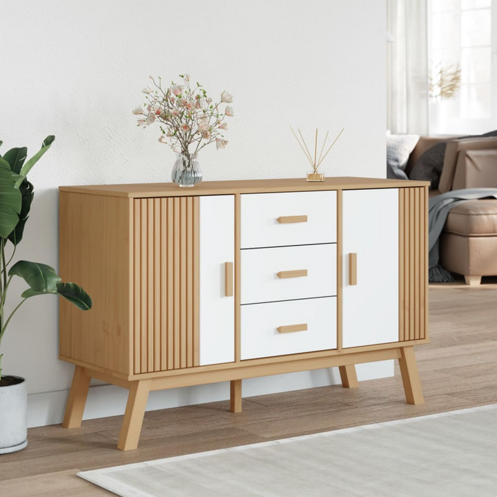 OLDEN White and Brown Sideboard – Solid Pine Wood 114x43x73.5cm – Scandinavian Storage - Premium  from Home Treasures - Just £187.99! Shop now at Home Treasures