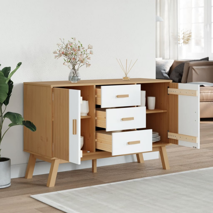 OLDEN White and Brown Sideboard – Solid Pine Wood 114x43x73.5cm – Scandinavian Storage - Premium  from Home Treasures - Just £187.99! Shop now at Home Treasures