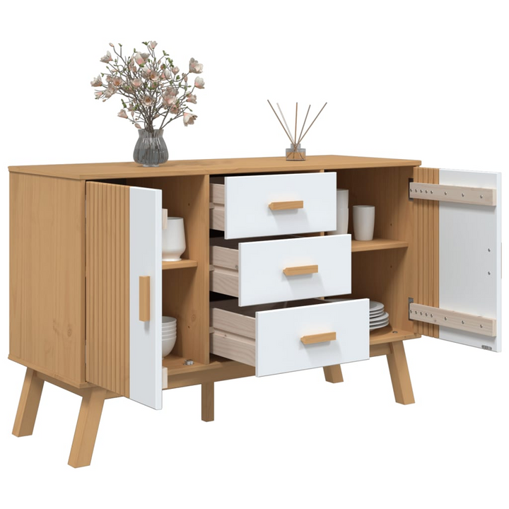 OLDEN White and Brown Sideboard – Solid Pine Wood 114x43x73.5cm – Scandinavian Storage - Premium  from Home Treasures - Just £187.99! Shop now at Home Treasures