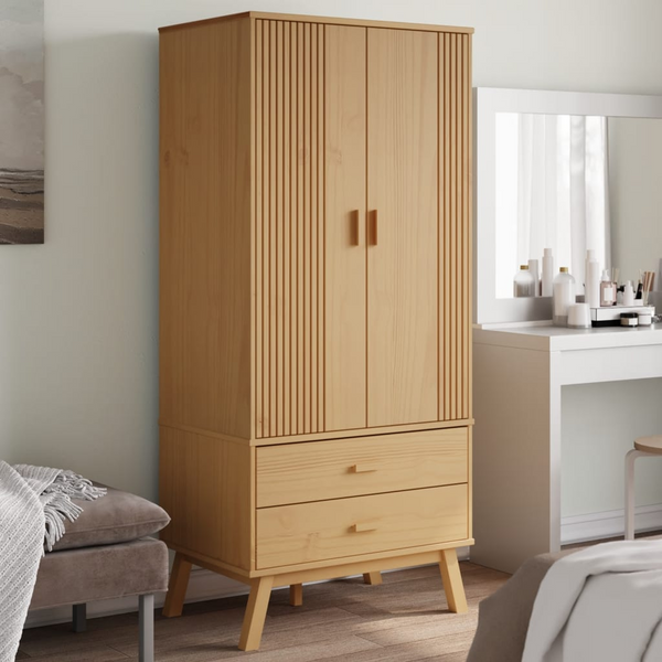 OLDEN Scandinavian Solid Pine Wood Wardrobe - Brown, 2 Drawers, 1 Large Compartment, 76.5x53x172 cm - Stylish & Durable Storage Solution - Premium  from Home Treasures - Just £311.99! Shop now at Home Treasures