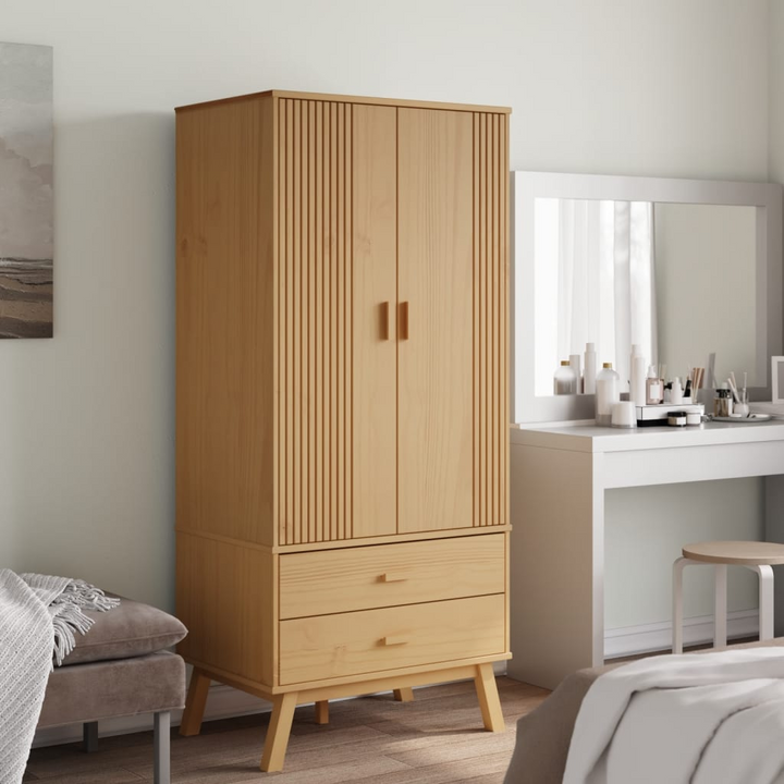 OLDEN Scandinavian Solid Pine Wood Wardrobe - Brown, 2 Drawers, 1 Large Compartment, 76.5x53x172 cm - Stylish & Durable Storage Solution - Premium  from Home Treasures - Just £324.99! Shop now at Home Treasures