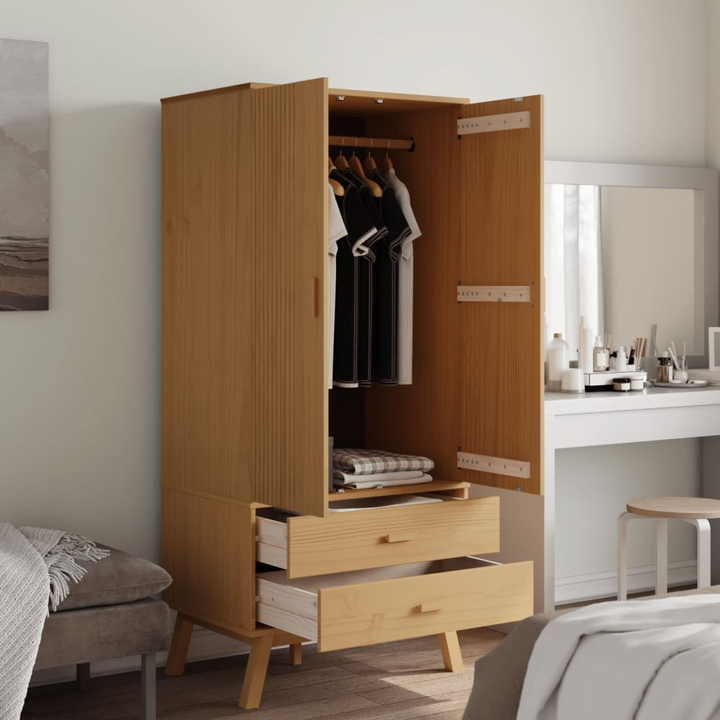 OLDEN Scandinavian Solid Pine Wood Wardrobe - Brown, 2 Drawers, 1 Large Compartment, 76.5x53x172 cm - Stylish & Durable Storage Solution - Premium  from Home Treasures - Just £324.99! Shop now at Home Treasures