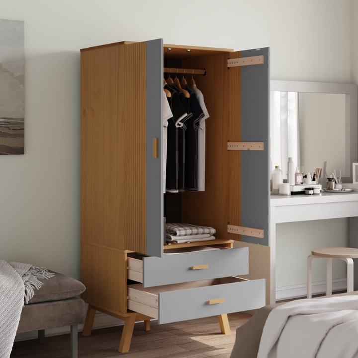 OLDEN Wardrobe - Scandinavian Design, Solid Wood Pine, Grey and Brown, 76.5x53x172 cm - Premium  from Home Treasures - Just £300.99! Shop now at Home Treasures