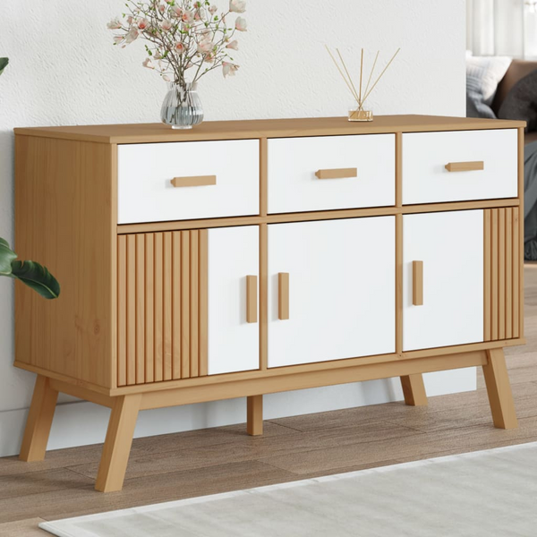 OLDEN Sideboard - Scandinavian Design, White and Brown, Solid Pine Wood, 114x43x73.5 cm - Premium  from Home Treasures - Just £176.99! Shop now at Home Treasures