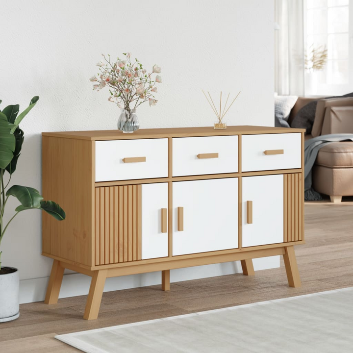 OLDEN Sideboard - Scandinavian Design, White and Brown, Solid Pine Wood, 114x43x73.5 cm - Premium  from Home Treasures - Just £176.99! Shop now at Home Treasures