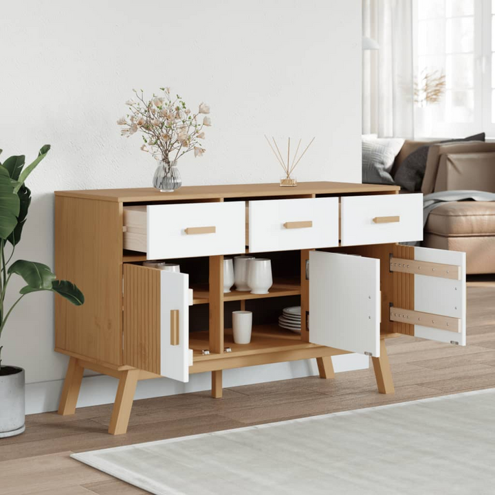 OLDEN Sideboard - Scandinavian Design, White and Brown, Solid Pine Wood, 114x43x73.5 cm - Premium  from Home Treasures - Just £176.99! Shop now at Home Treasures