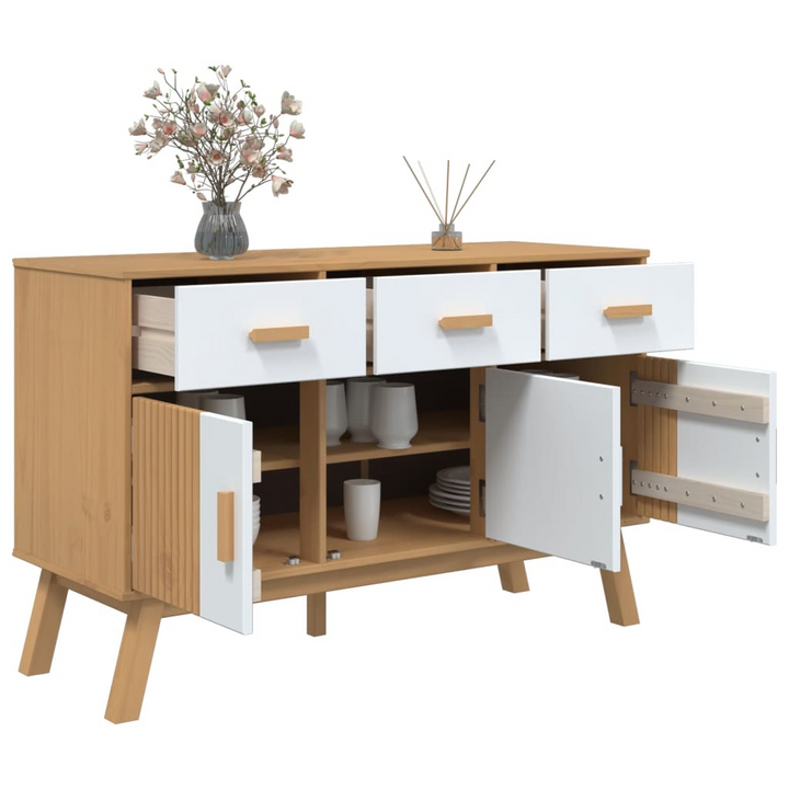 OLDEN Sideboard - Scandinavian Design, White and Brown, Solid Pine Wood, 114x43x73.5 cm - Premium  from Home Treasures - Just £176.99! Shop now at Home Treasures