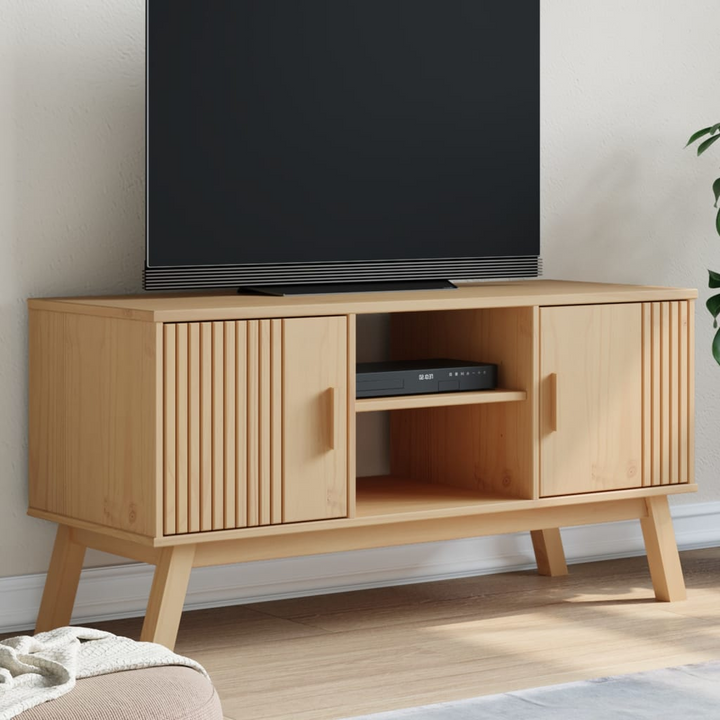 OLDEN Solid Pine Wood TV Cabinet – Rustic Brown, 114x43x57 cm, Scandinavian Design, Ample Storage - Premium  from Home Treasures - Just £138.99! Shop now at Home Treasures