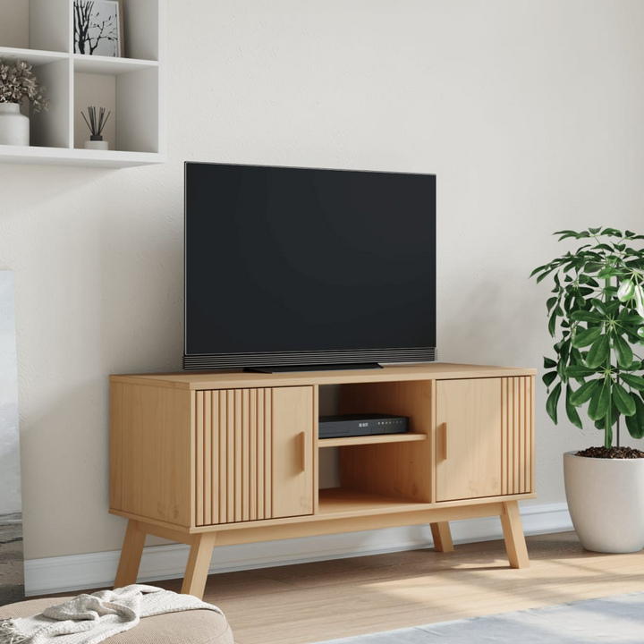 OLDEN Solid Pine Wood TV Cabinet – Rustic Brown, 114x43x57 cm, Scandinavian Design, Ample Storage - Premium  from Home Treasures - Just £138.99! Shop now at Home Treasures