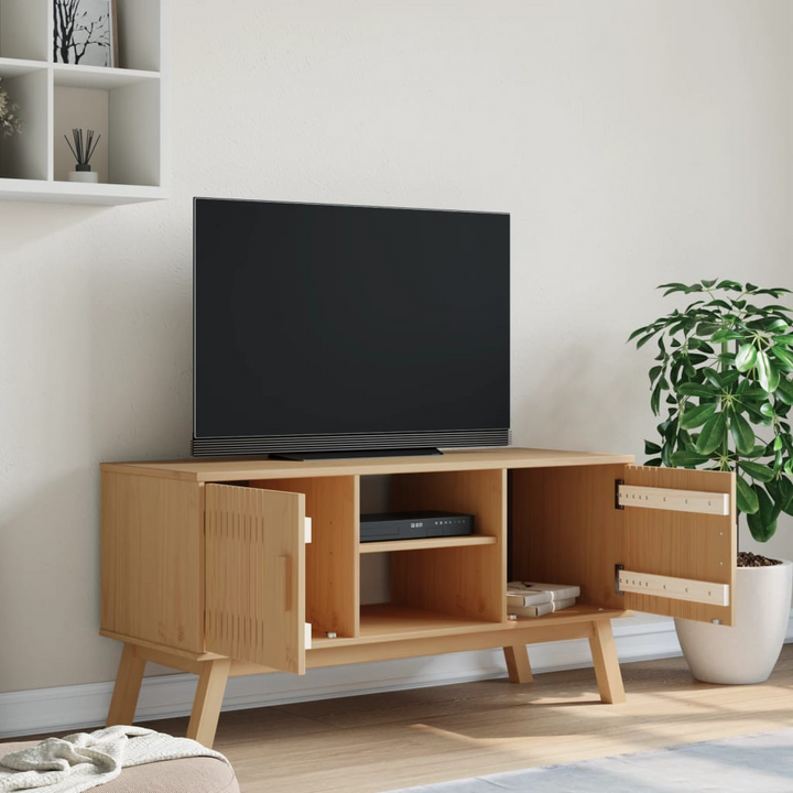 OLDEN Solid Pine Wood TV Cabinet – Rustic Brown, 114x43x57 cm, Scandinavian Design, Ample Storage - Premium  from Home Treasures - Just £138.99! Shop now at Home Treasures