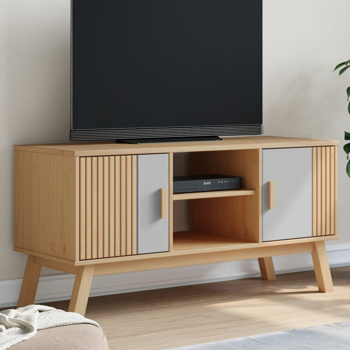 OLDEN Scandinavian TV Cabinet - Solid Wood, Grey and Brown, 114x43x57 cm - Stylish Media Console with Storage - Premium  from Home Treasures - Just £118.99! Shop now at Home Treasures