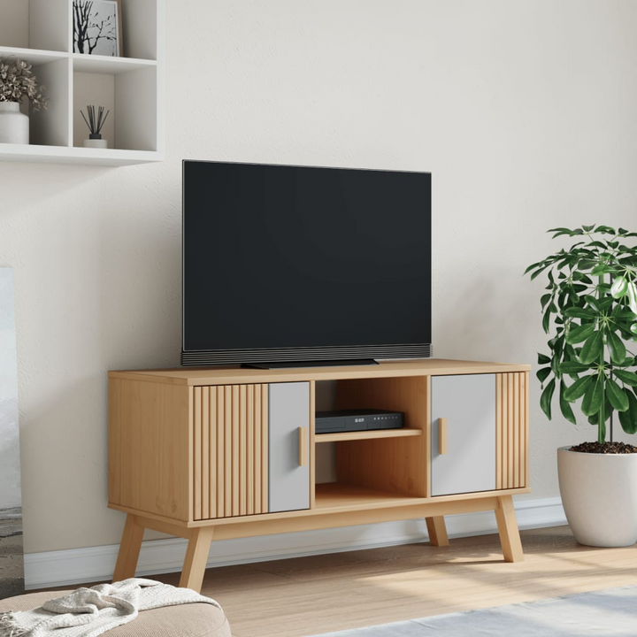 OLDEN Scandinavian TV Cabinet - Solid Wood, Grey and Brown, 114x43x57 cm - Stylish Media Console with Storage - Premium  from Home Treasures - Just £118.99! Shop now at Home Treasures