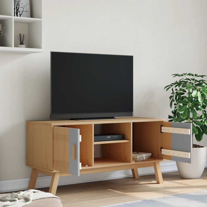 OLDEN Scandinavian TV Cabinet - Solid Wood, Grey and Brown, 114x43x57 cm - Stylish Media Console with Storage - Premium  from Home Treasures - Just £118.99! Shop now at Home Treasures